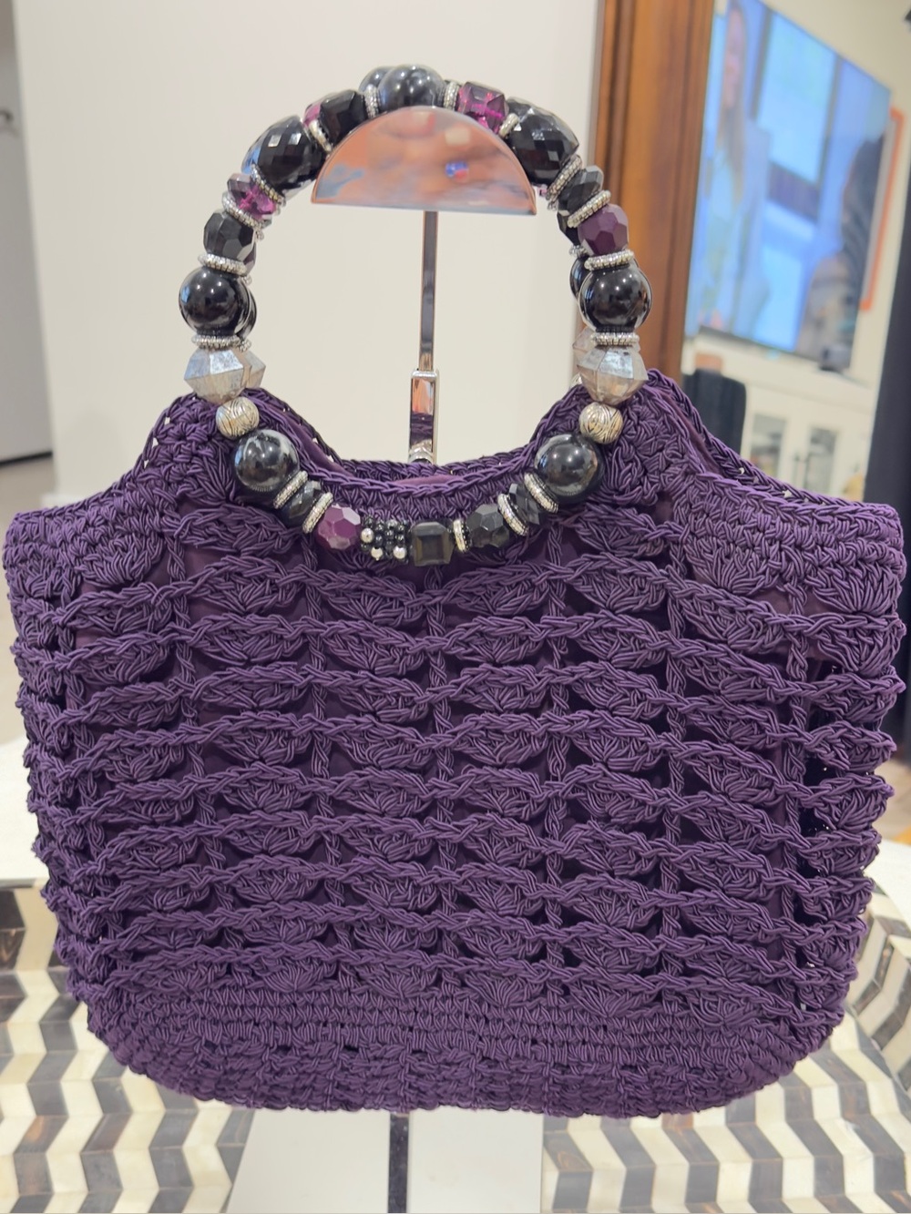 Cappelli Straworld Purple Beaded Handle Crochet Tote Bag